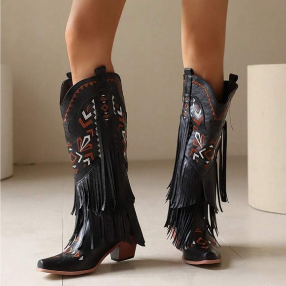 Cowgirl Western Boots Fringe Tassel Chunky High Heels Mid Calf Slip On - Picture 2 of 5
